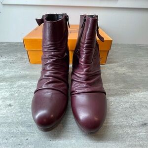 Miz Mooz Baron Ankle Boots Women 40 Bordeaux Good Ruched Leather Wedge Booties